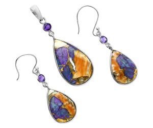 Spiny Oyster Turquoise and Amethyst Pendant Earrings Set EXT01578 T-1010, 16x26 mm