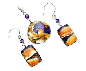 Spiny Oyster Turquoise and Amethyst Pendant Earrings Set EXT01580 T-1010, 23x23 mm