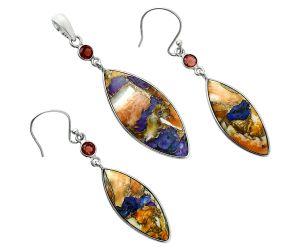 Spiny Oyster Turquoise and Garnet Pendant Earrings Set EXT01581 T-1010, 14x32 mm