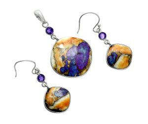 Spiny Oyster Turquoise and Amethyst Pendant Earrings Set EXT01582 T-1010, 22x22 mm