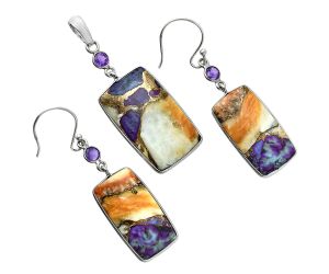 Spiny Oyster Turquoise and Amethyst Pendant Earrings Set EXT01584 T-1010, 16x26 mm