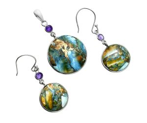 Spiny Oyster Turquoise and Amethyst Pendant Earrings Set EXT01588 T-1010, 21x21 mm