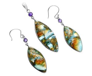 Spiny Oyster Turquoise and Amethyst Pendant Earrings Set EXT01590 T-1010, 15x37 mm