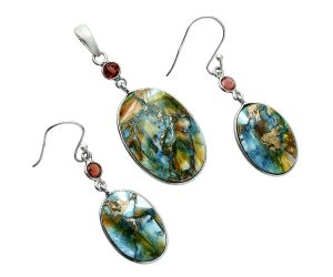 Spiny Oyster Turquoise and Garnet Pendant Earrings Set EXT01591 T-1010, 17x25 mm