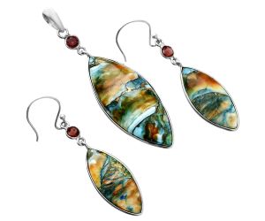 Spiny Oyster Turquoise and Garnet Pendant Earrings Set EXT01592 T-1010, 16x37 mm