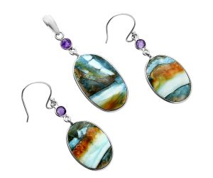 Spiny Oyster Turquoise and Amethyst Pendant Earrings Set EXT01593 T-1010, 15x25 mm