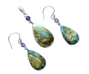 Spiny Oyster Turquoise and Amethyst Pendant Earrings Set EXT01594 T-1010, 16x26 mm