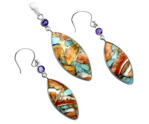 Spiny Oyster Turquoise and Amethyst Pendant Earrings Set EXT01597 T-1010, 15x34 mm