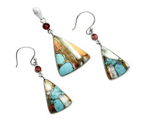 Spiny Oyster Turquoise and Garnet Pendant Earrings Set EXT01598 T-1010, 21x25 mm