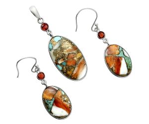 Spiny Oyster Turquoise and Garnet Pendant Earrings Set EXT01600 T-1010, 15x26 mm