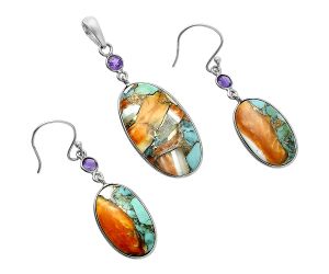 Spiny Oyster Turquoise and Amethyst Pendant Earrings Set EXT01601 T-1010, 15x27 mm