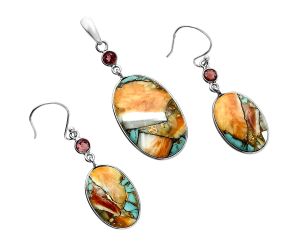 Spiny Oyster Turquoise and Garnet Pendant Earrings Set EXT01602 T-1010, 17x26 mm