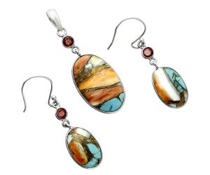 Spiny Oyster Turquoise and Garnet Pendant Earrings Set EXT01603 T-1010, 15x23 mm