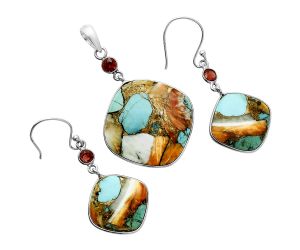 Spiny Oyster Turquoise and Garnet Pendant Earrings Set EXT01604 T-1010, 23x23 mm