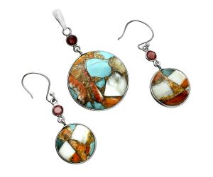 Spiny Oyster Turquoise and Garnet Pendant Earrings Set EXT01605 T-1010, 23x23 mm