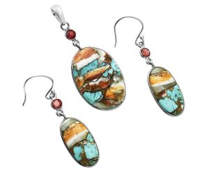 Spiny Oyster Turquoise and Garnet Pendant Earrings Set EXT01606 T-1010, 18x26 mm