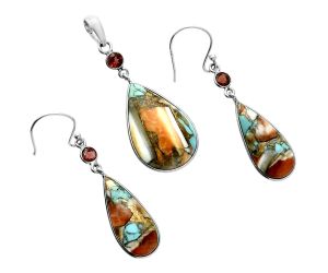 Spiny Oyster Turquoise and Garnet Pendant Earrings Set EXT01607 T-1010, 16x24 mm