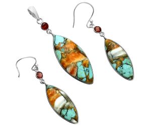 Spiny Oyster Turquoise and Garnet Pendant Earrings Set EXT01608 T-1010, 14x34 mm