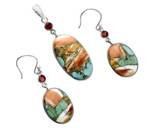 Spiny Oyster Turquoise and Garnet Pendant Earrings Set EXT01609 T-1010, 15x27 mm