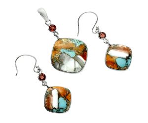 Spiny Oyster Turquoise and Garnet Pendant Earrings Set EXT01610 T-1010, 19x19 mm