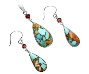 Spiny Oyster Turquoise and Garnet Pendant Earrings Set EXT01611 T-1010, 14x25 mm