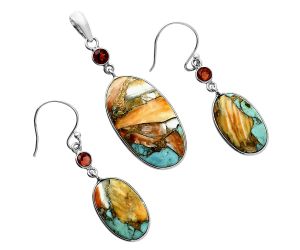 Spiny Oyster Turquoise and Garnet Pendant Earrings Set EXT01612 T-1010, 15x27 mm