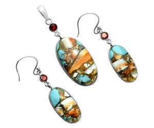 Spiny Oyster Turquoise and Garnet Pendant Earrings Set EXT01613 T-1010, 15x28 mm