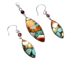 Spiny Oyster Turquoise and Garnet Pendant Earrings Set EXT01614 T-1010, 14x34 mm