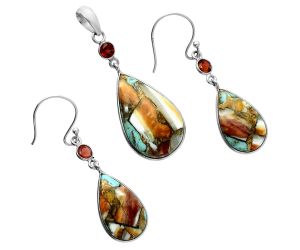 Spiny Oyster Turquoise and Garnet Pendant Earrings Set EXT01615 T-1010, 15x24 mm