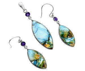 Spiny Oyster Turquoise and Amethyst Pendant Earrings Set EXT01616 T-1010, 14x32 mm