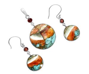 Spiny Oyster Turquoise and Garnet Pendant Earrings Set EXT01617 T-1010, 23x23 mm