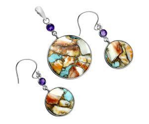 Spiny Oyster Turquoise and Amethyst Pendant Earrings Set EXT01618 T-1010, 23x23 mm