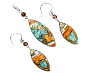 Spiny Oyster Turquoise and Garnet Pendant Earrings Set EXT01619 T-1010, 14x35 mm