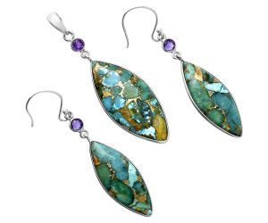 Kingman Copper Teal Turquoise and Amethyst Pendant Earrings Set EXT01620 T-1010, 15x33 mm