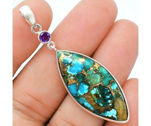 Kingman Copper Teal Turquoise and Amethyst Pendant Earrings Set EXT01620 T-1010, 15x33 mm