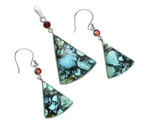 Lucky Charm Tibetan Turquoise and Garnet Pendant Earrings Set EXT01621 T-1010, 24x29 mm