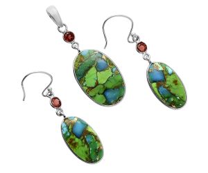 Blue Turquoise In Green Mohave and Garnet Pendant Earrings Set EXT01622 T-1010, 15x23 mm