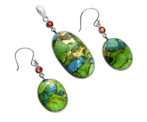 Blue Turquoise In Green Mohave and Garnet Pendant Earrings Set EXT01623 T-1010, 18x32 mm