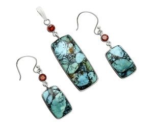 Lucky Charm Tibetan Turquoise and Garnet Pendant Earrings Set EXT01624 T-1010, 13x30 mm