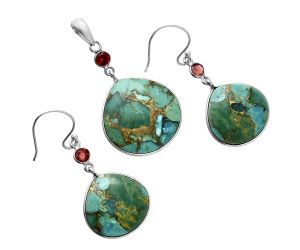 Kingman Copper Teal Turquoise and Garnet Pendant Earrings Set EXT01625 T-1010, 21x22 mm