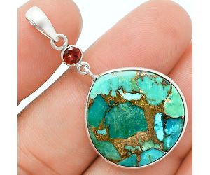 Kingman Copper Teal Turquoise and Garnet Pendant Earrings Set EXT01625 T-1010, 21x22 mm