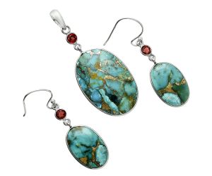 Kingman Copper Teal Turquoise and Garnet Pendant Earrings Set EXT01626 T-1010, 19x29 mm