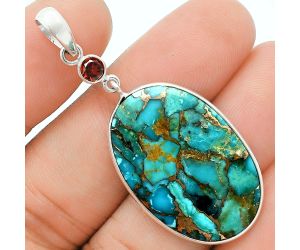 Kingman Copper Teal Turquoise and Garnet Pendant Earrings Set EXT01626 T-1010, 19x29 mm