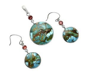 Kingman Copper Teal Turquoise and Garnet Pendant Earrings Set EXT01627 T-1010, 22x22 mm