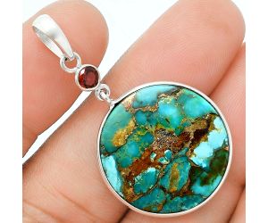 Kingman Copper Teal Turquoise and Garnet Pendant Earrings Set EXT01627 T-1010, 22x22 mm