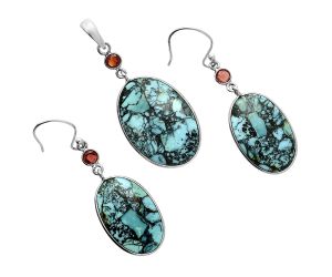 Lucky Charm Tibetan Turquoise and Garnet Pendant Earrings Set EXT01629 T-1010, 18x26 mm