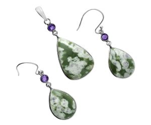 Peace Jade and Amethyst Pendant Earrings Set EXT01648 T-1010, 17x25 mm