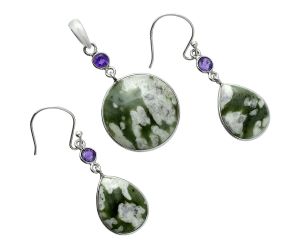 Peace Jade and Amethyst Pendant Earrings Set EXT01649 T-1010, 20x20 mm