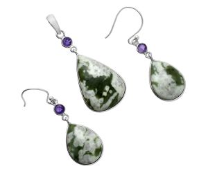 Peace Jade and Amethyst Pendant Earrings Set EXT01650 T-1010, 17x25 mm