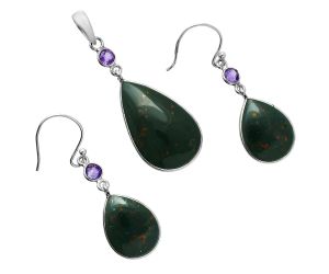 Blood Stone and Amethyst Pendant Earrings Set EXT01651 T-1010, 15x24 mm